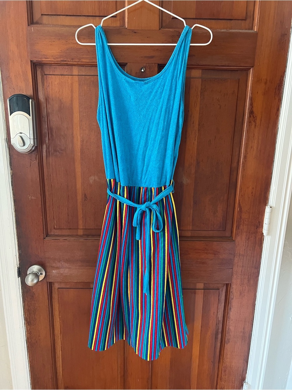 Vintage Colorblock Terry Cloth Sundress | Rainbow Stripe Resort Wear 80s 90s - Picture 8 of 8